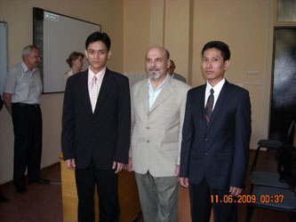 1. Student from Myanmar Mr. Banyar Kyaw (on the right) who is the laureate of the XV International Students' Conference, with his scientific suprevisor Professor B.S. Rinkevichus (at the centre)