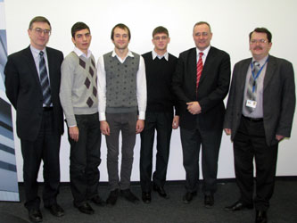13. During the handing of the grants from Klaus Ridle Foundation to the MPEI students at the Siemens representative office in Moscow. From the left: MPEI Vice-Rector I.N. Zhelbakov; three MPEI students, Martin Gitsels (Germany) â€“ Head of Department of the Corporate Technologies at Siemens-Moscow; A.M. Bartenev, Head of the Group of the Corporate Technologies at Siemens-Moscow